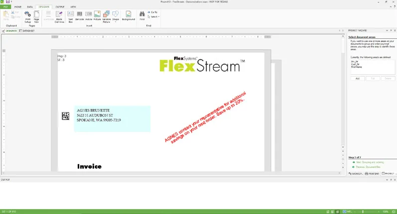 The FlexStream designer, showing an invoice with its address block, barcode and a variable message