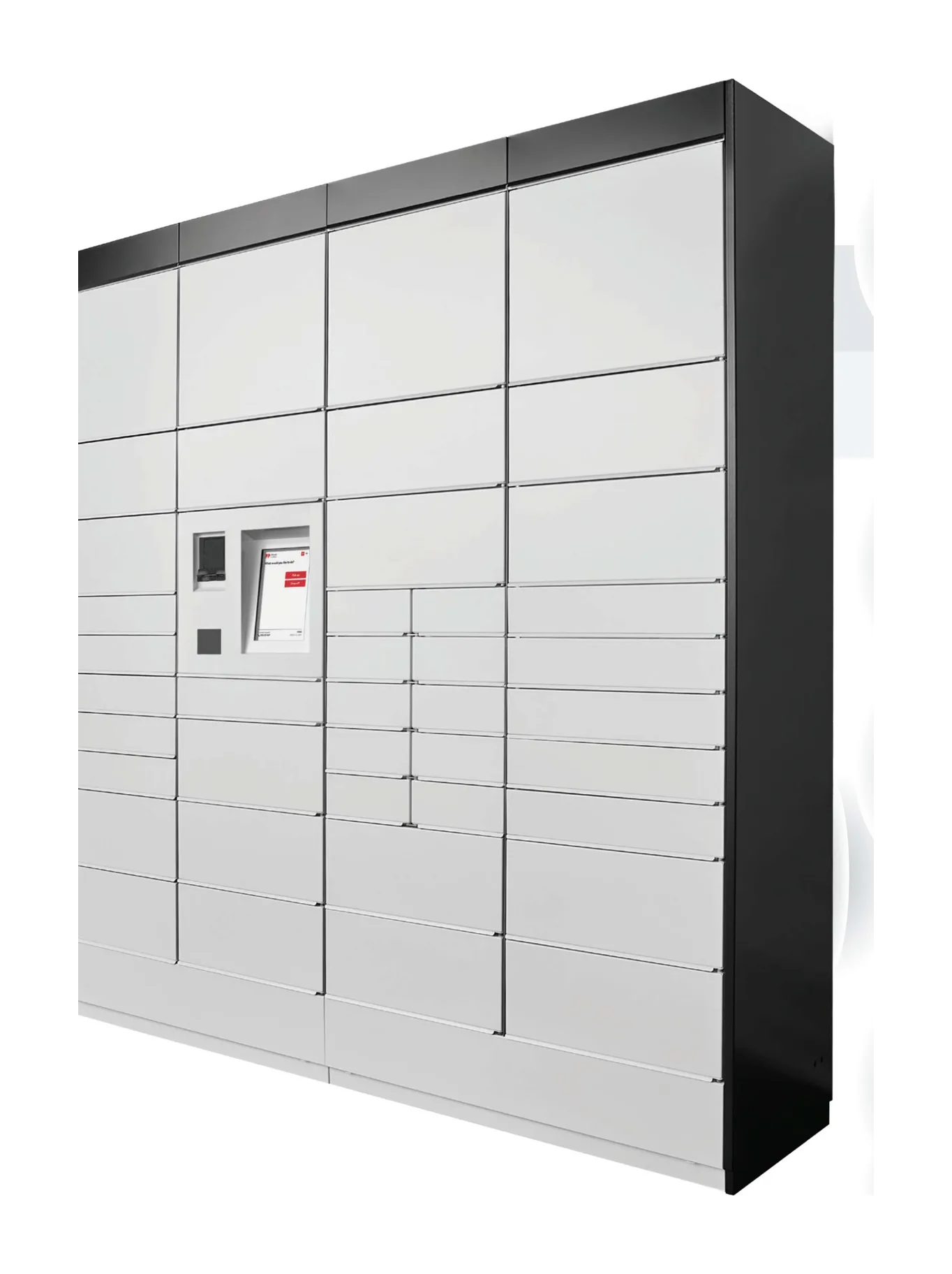 FP Smart Locker bank with touchscreen console, seen from the front left