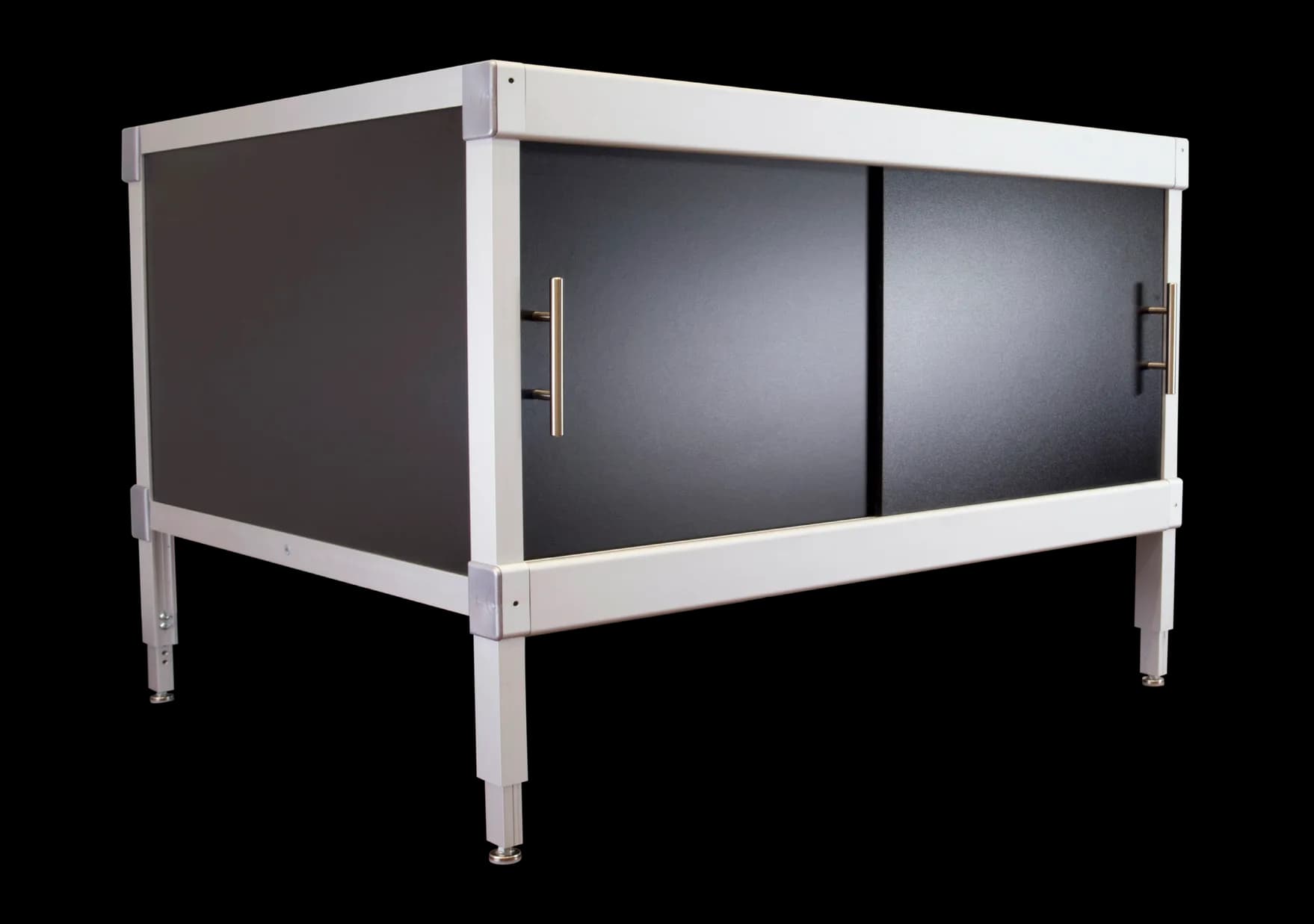 FP height-adjustable mailroom table with sliding-door storage cabinet and laminate top